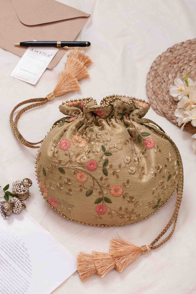 AMYRA Floral Creeper Gold Potli bag