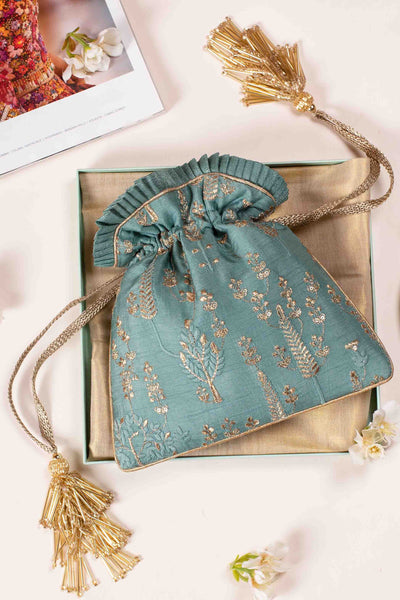 AMYRA Arbre Silk Embroidered Potli bag - blue green