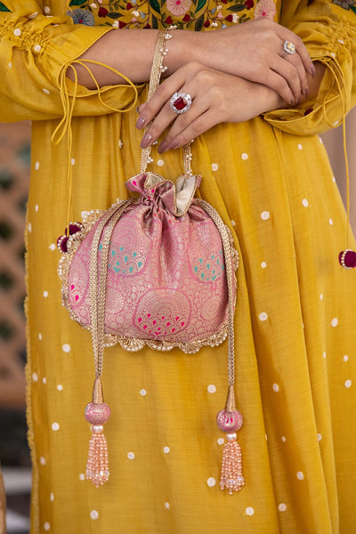 AMYRA Kashi pink pure Banarasi silk potli