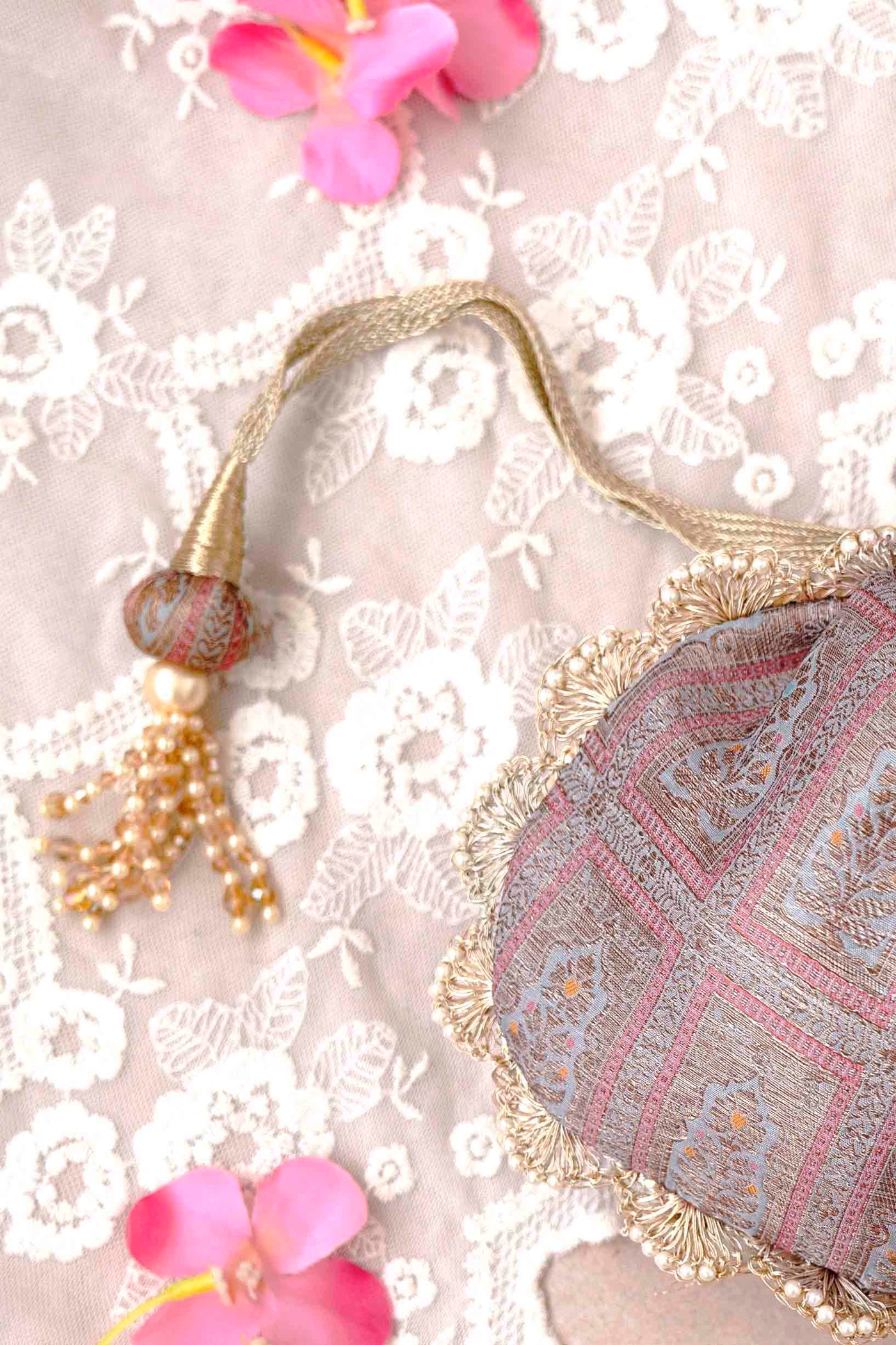 AMYRA Kashi Pure Banarasi Silk Potli - Blue Grey