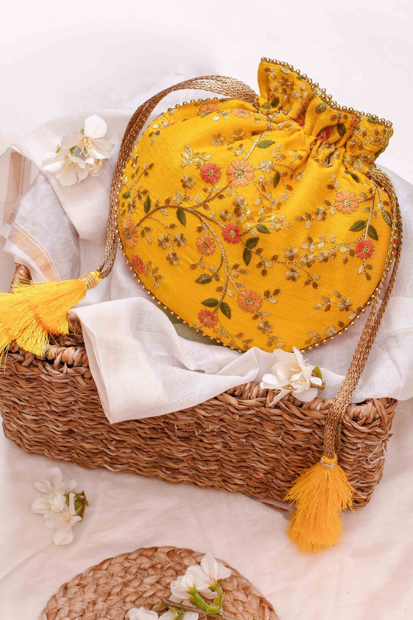 AMYRA Floral creeper potli bag yellow