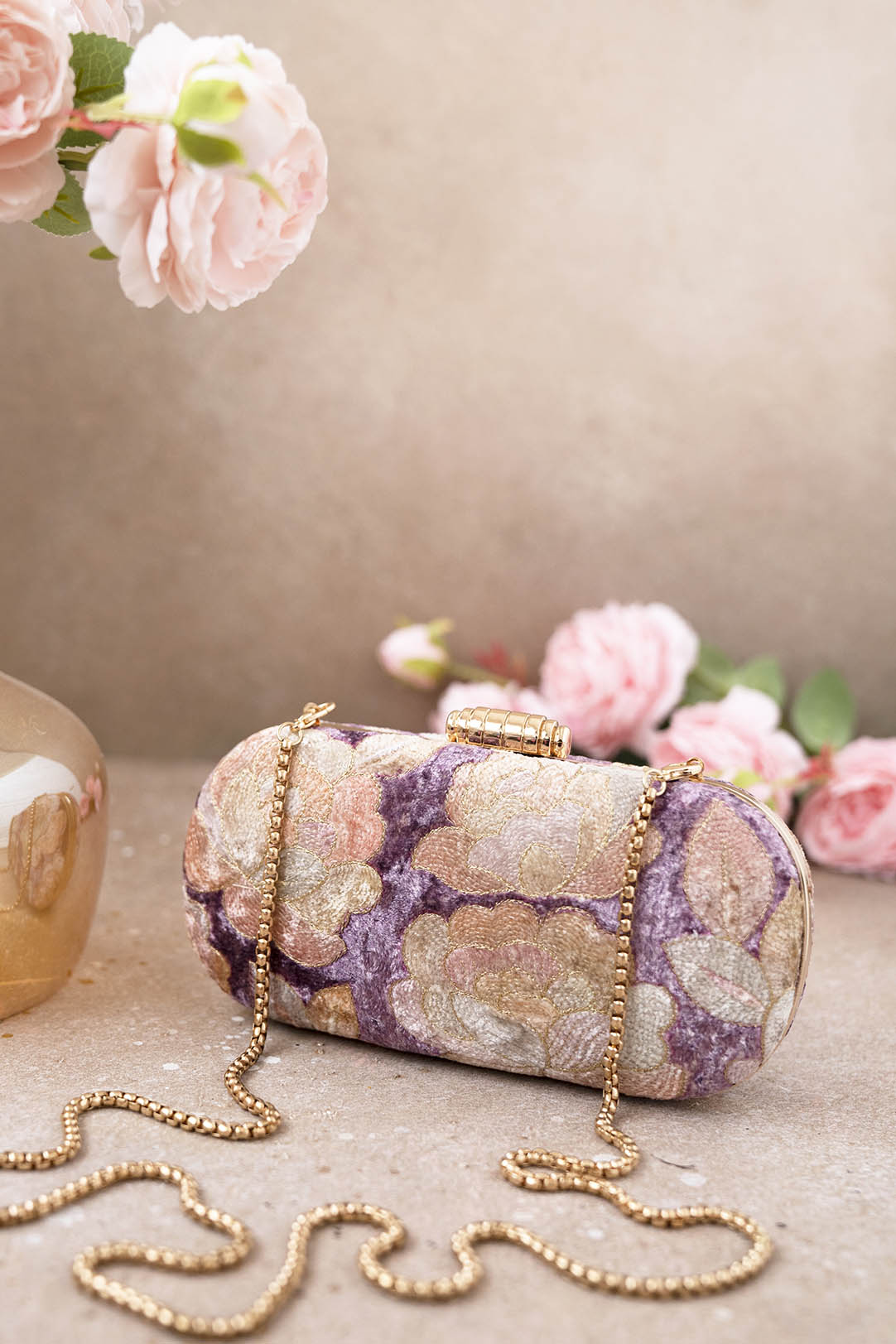 AMYRA Mrinal Velvet Embroidered Clutch - Purple