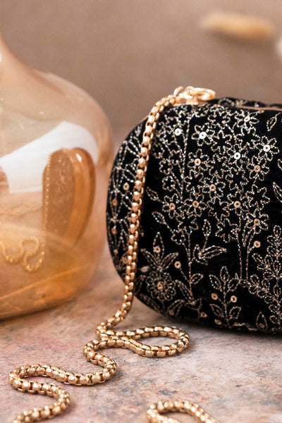 Thea Velvet Embroidered Clutch - Black
