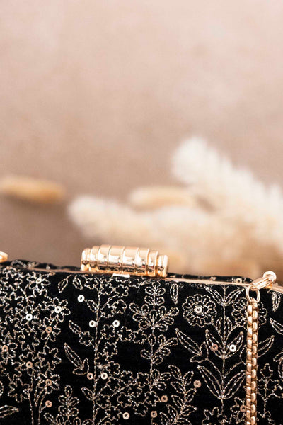 AMYRA Thea Velvet Embroidered Clutch - Black