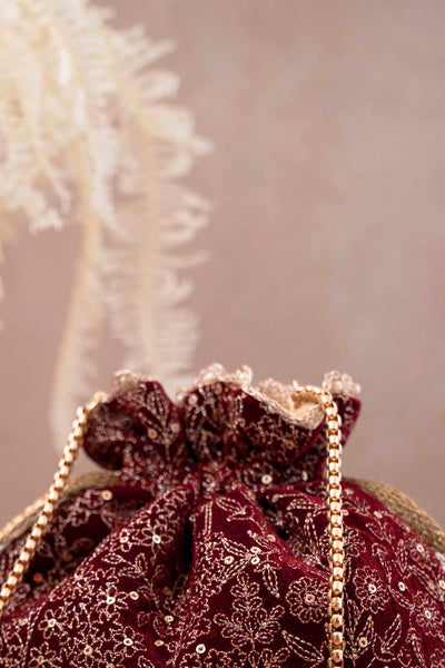 AMYRA Thea Velvet Embroidered Potli - Maroon