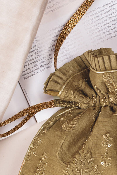 AMYRA Arbre embroidered silk potli - Dull gold