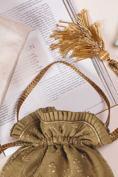 AMYRA Arbre embroidered silk potli - Dull gold