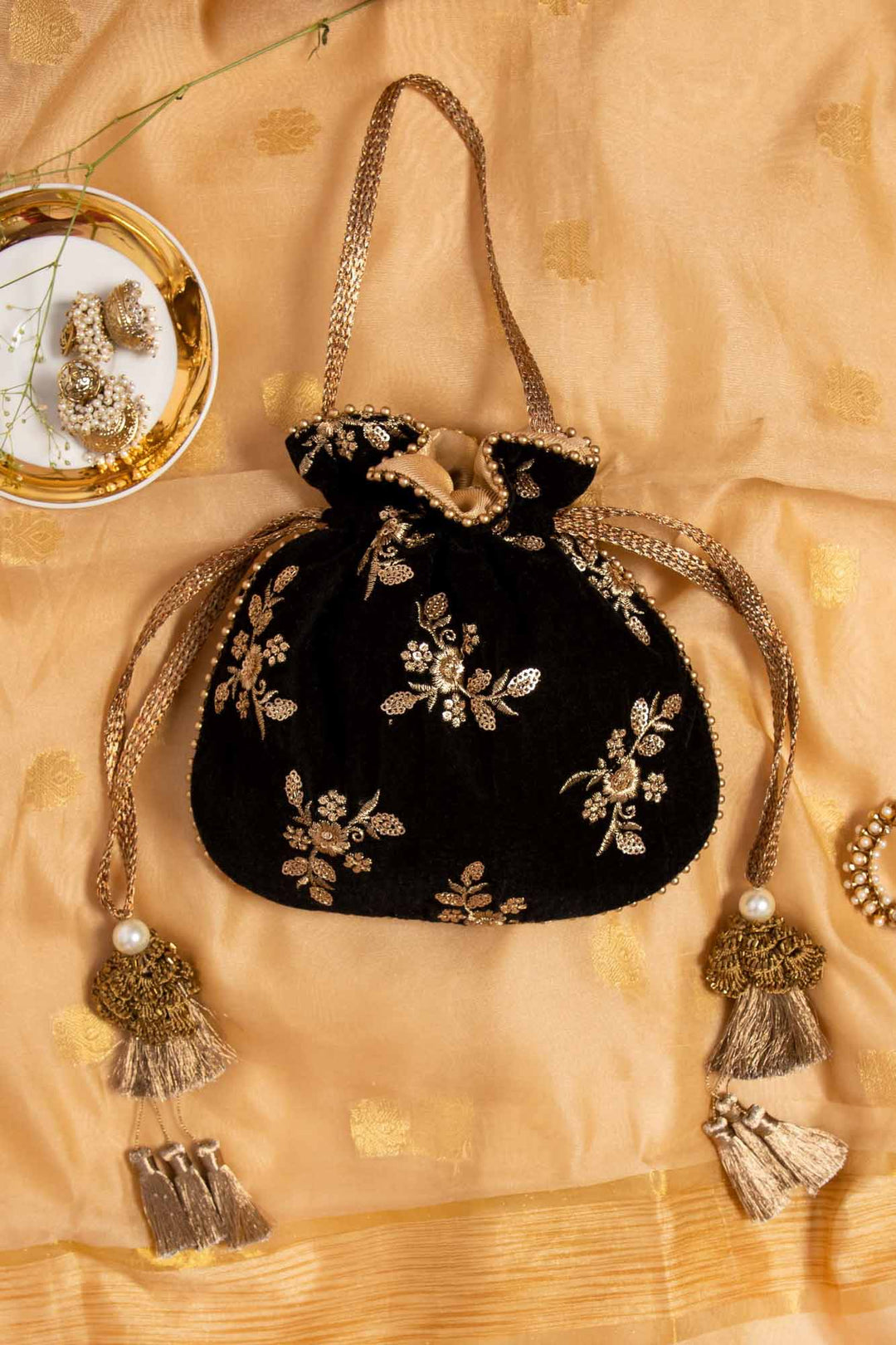 Black Velvet Potli Buy AMYRA Black Velvet Potli Bag Online The - Main Image