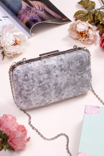 Silver embroidered box clutch