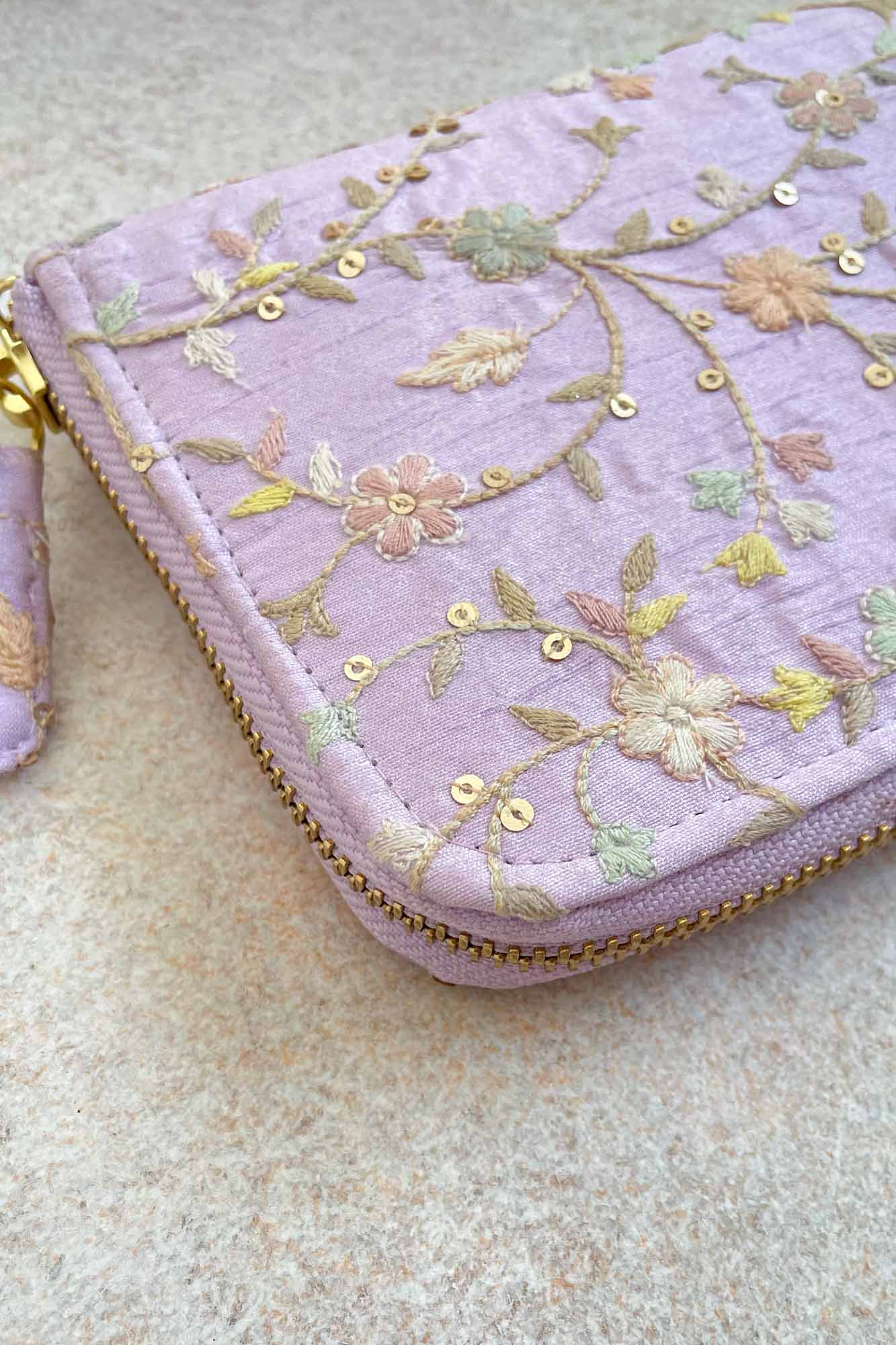 AMYRA Blossom silk embroidered wallet - purple