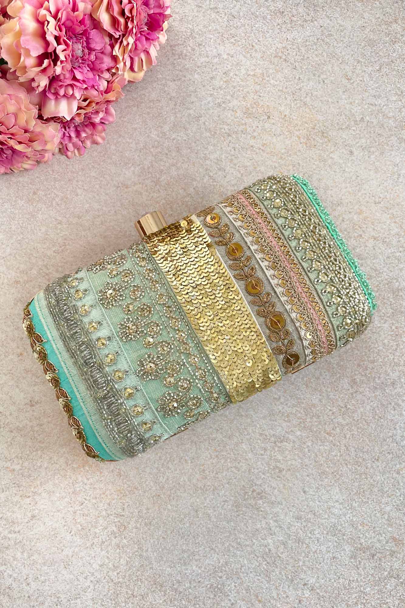 AMYRA Rosette hand embroidered dual side clutch - Aquamarine