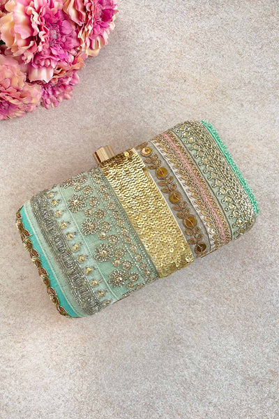 AMYRA Rosette hand embroidered dual side clutch - Aquamarine