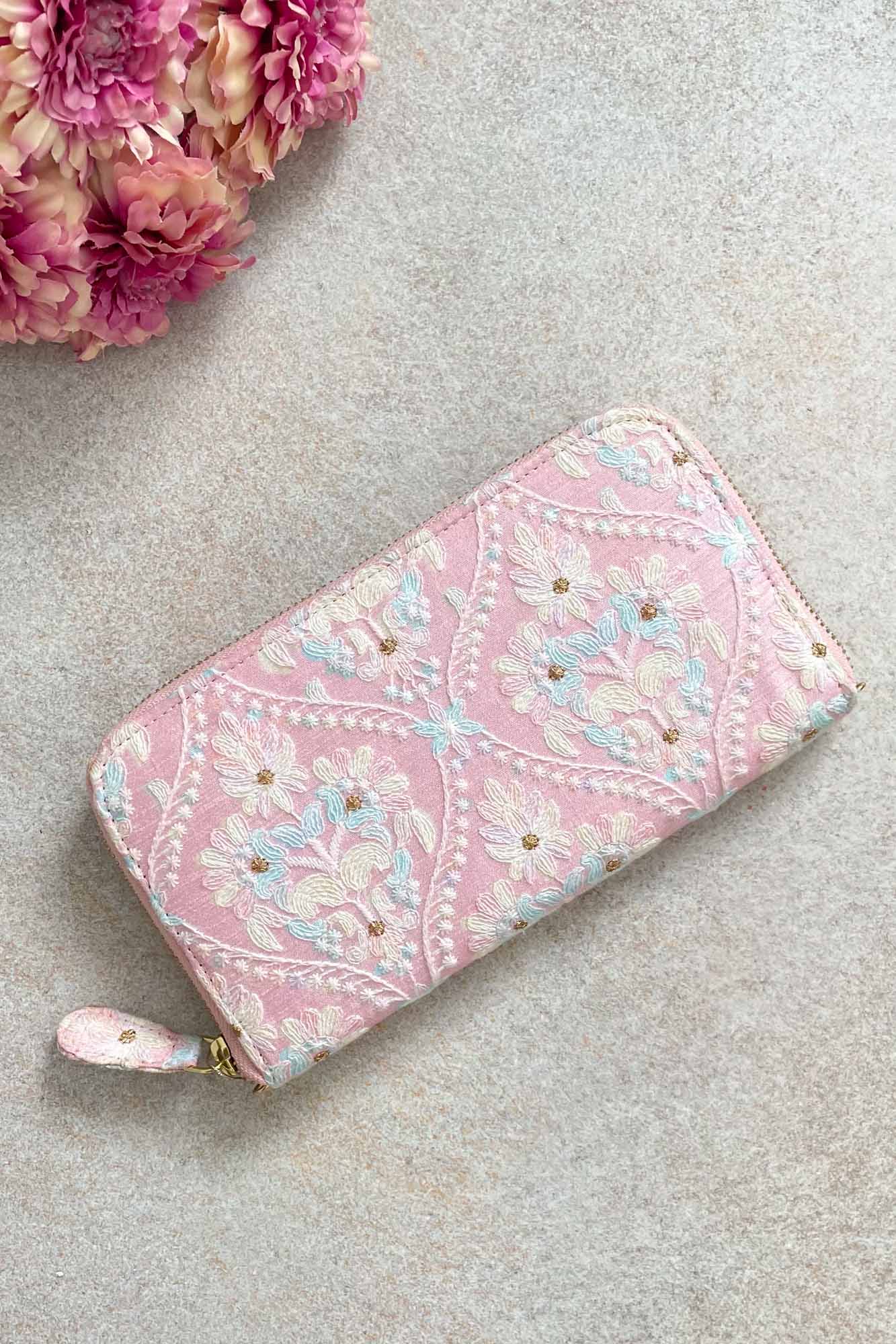 AMYRA Anaqat silk embroidered wallet - baby pink