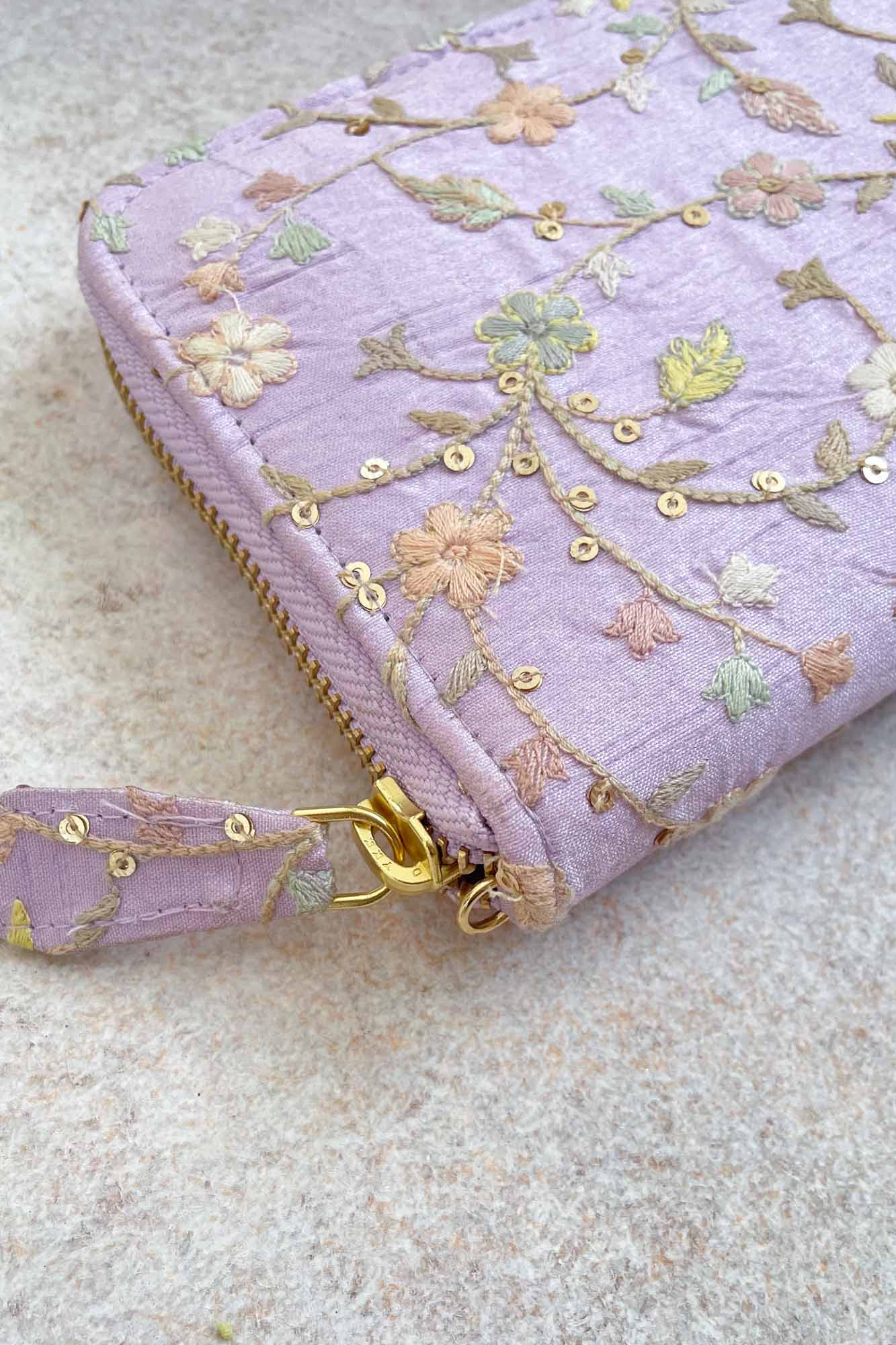 AMYRA Blossom silk embroidered wallet - purple
