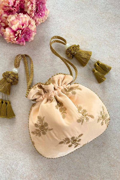 AMYRA Peach Velvet Embroidered Potli bag