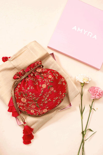 AMYRA Floral Creeper Red Potli bag