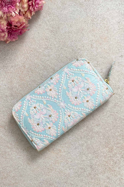AMYRA Anaqat silk embroidered wallet - baby blue