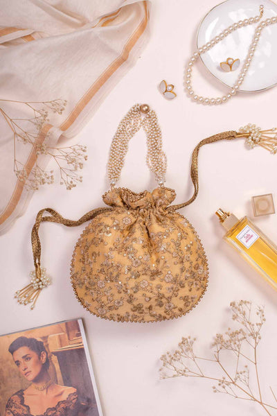 Gold Floral Embroidered Potli bag