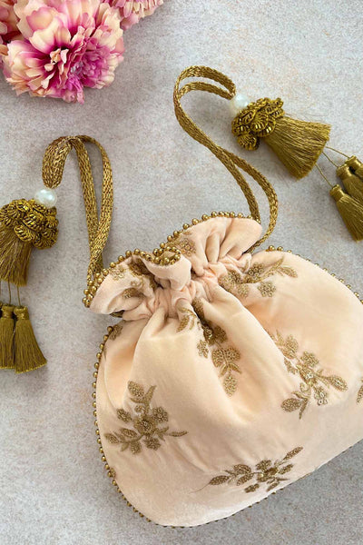 AMYRA Peach Velvet Embroidered Potli bag