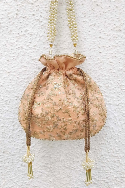 AMYRA Peach floral embroidered potli bag