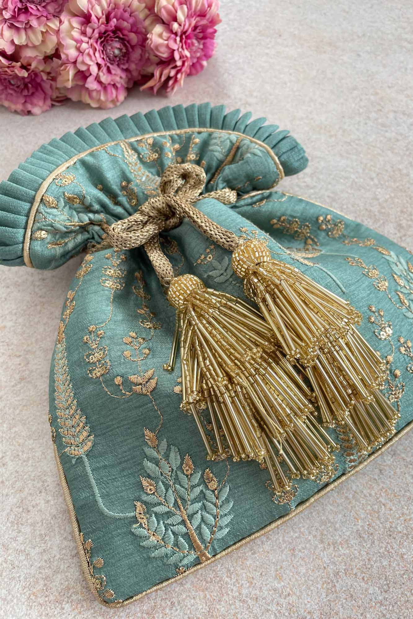 AMYRA Arbre Silk Embroidered Potli bag - blue green