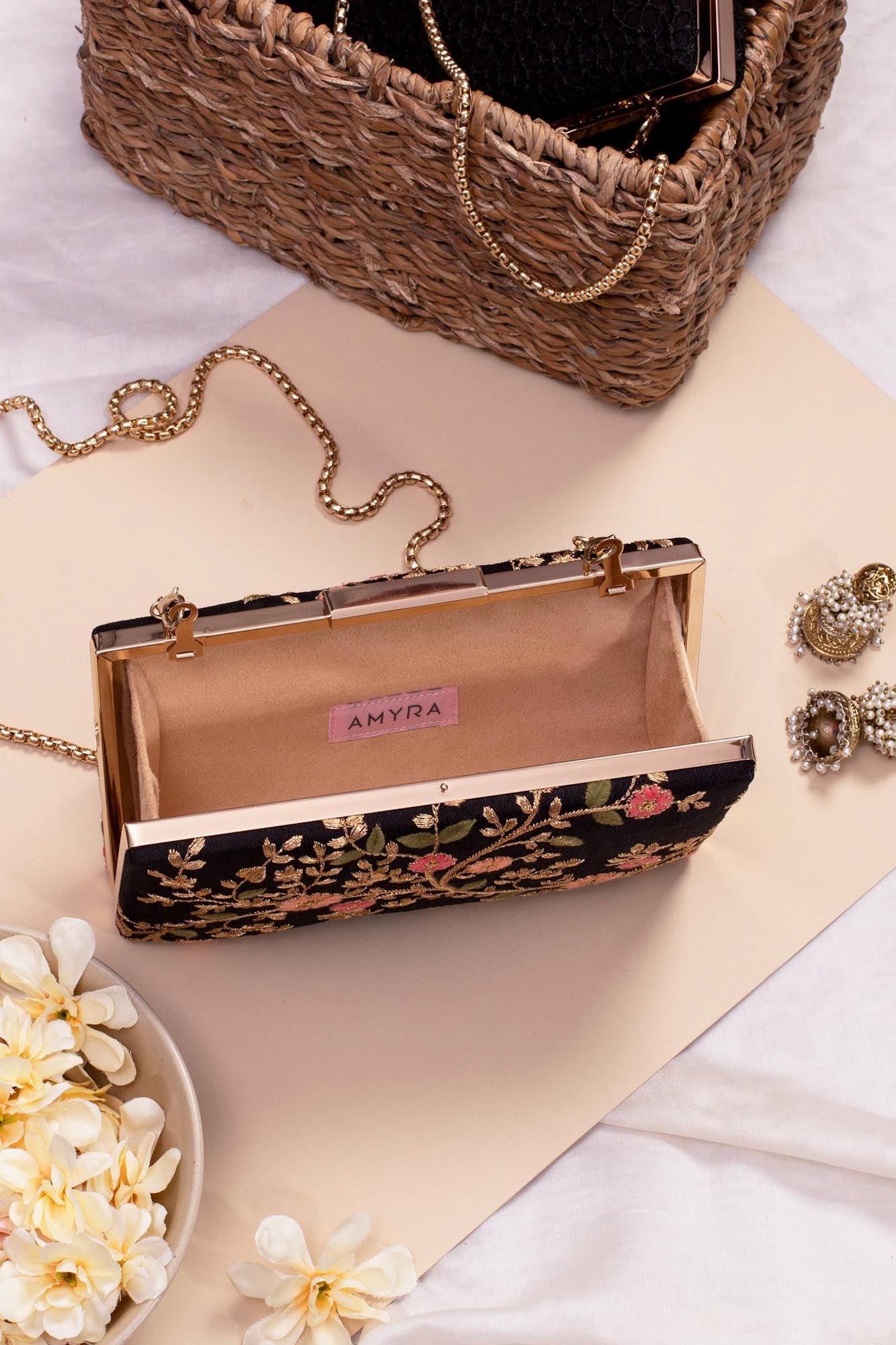 Floral Creeper Box Clutch - Black