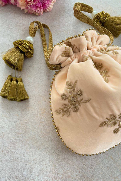 AMYRA Peach Velvet Embroidered Potli bag