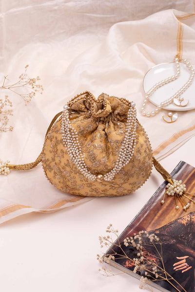 Gold Floral Embroidered Potli bag
