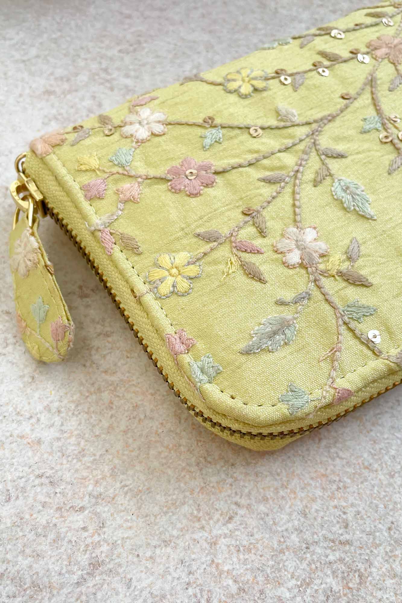 AMYRA Blossom silk embroidered wallet - yellow