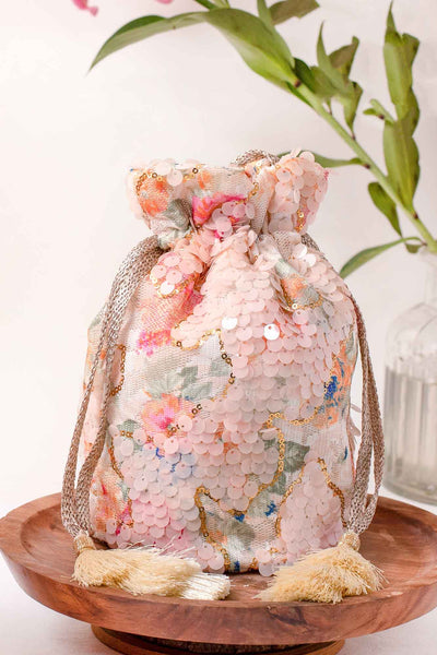 Tia Sequin Potli bag- peach