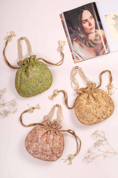 Gold Floral Embroidered Potli bag