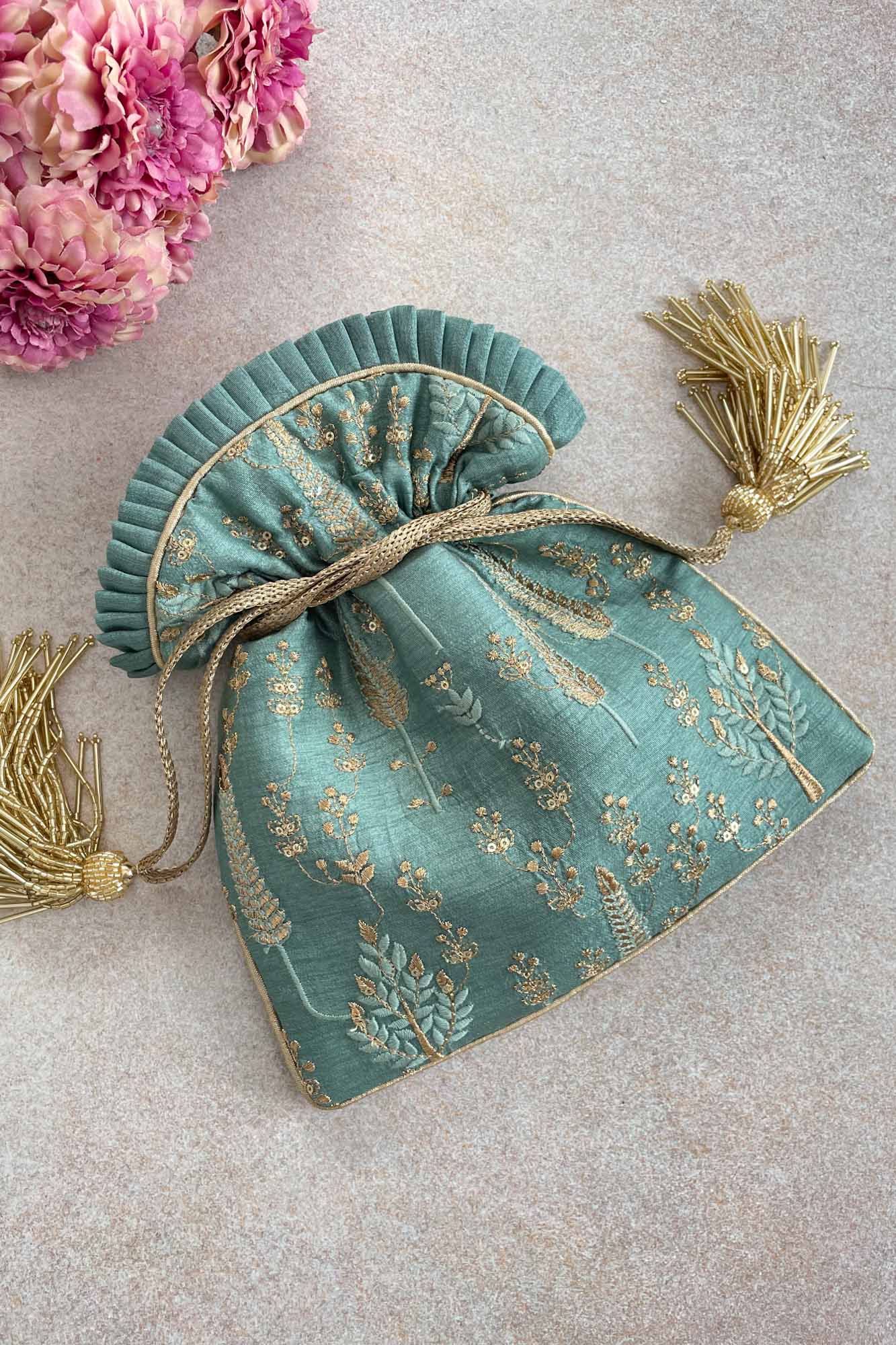 AMYRA Arbre Silk Embroidered Potli bag - blue green