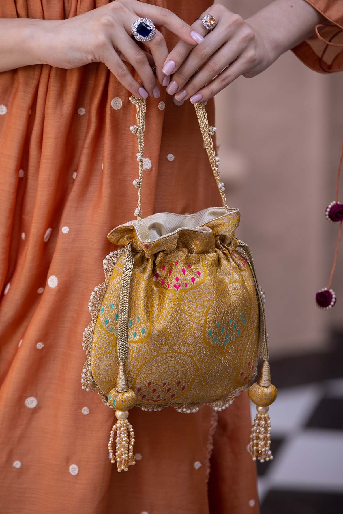 Amyra kashi mustard pure banarasi silk potli