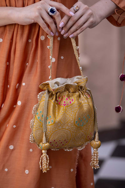 Amyra kashi mustard pure banarasi silk potli